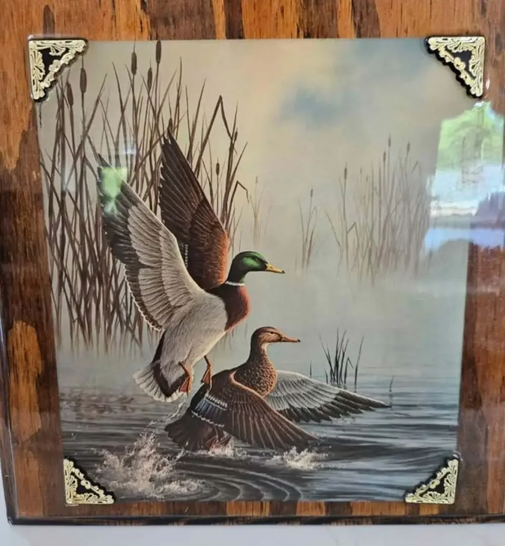 Vintage Mallard Duck Wall Clock with Foil Art Print and Wood Frame
